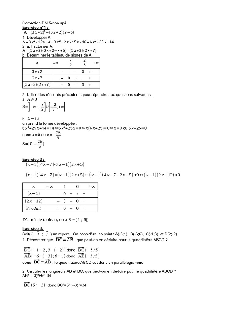 Correction DM Mathématiques: Exercices et Solutions | PDF