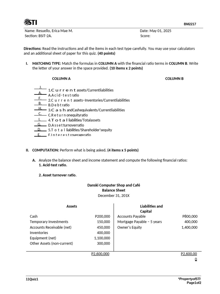 Financial Ratios and Break-Even Quiz | PDF | Balance Sheet | Equity ...