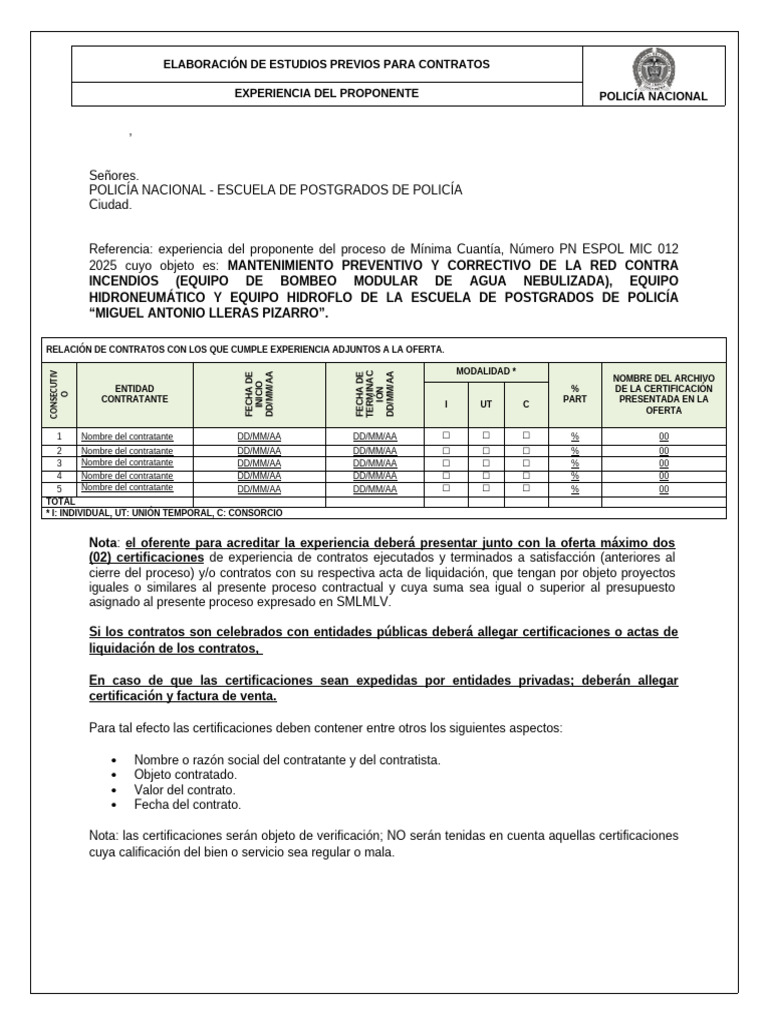 3.10 Experiencia Del Proponente | PDF