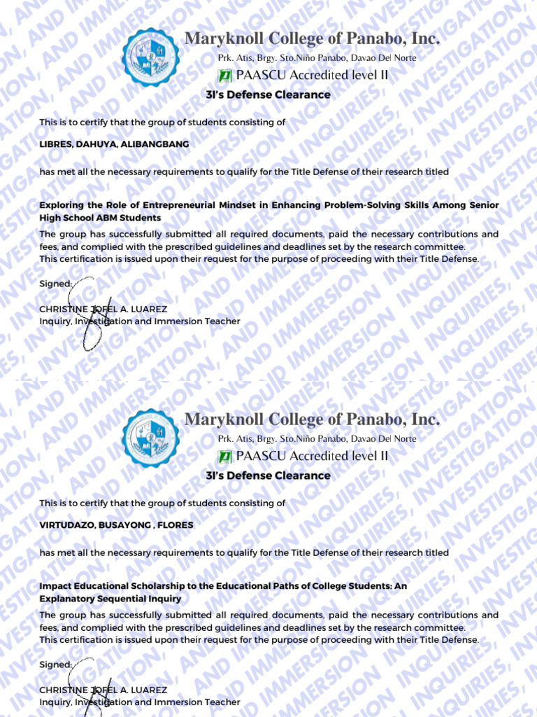Title Defense Certification for Research | PDF