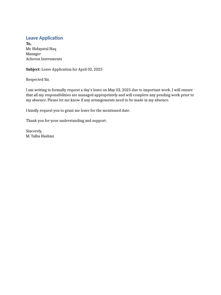Leave Application Tomorrow | PDF