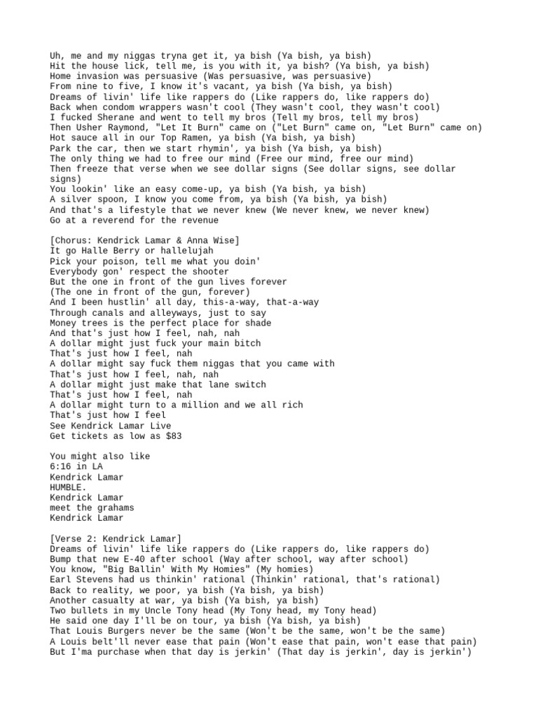 Money Trees: Kendrick Lamar Lyrics | PDF | African American Music | Hip Hop