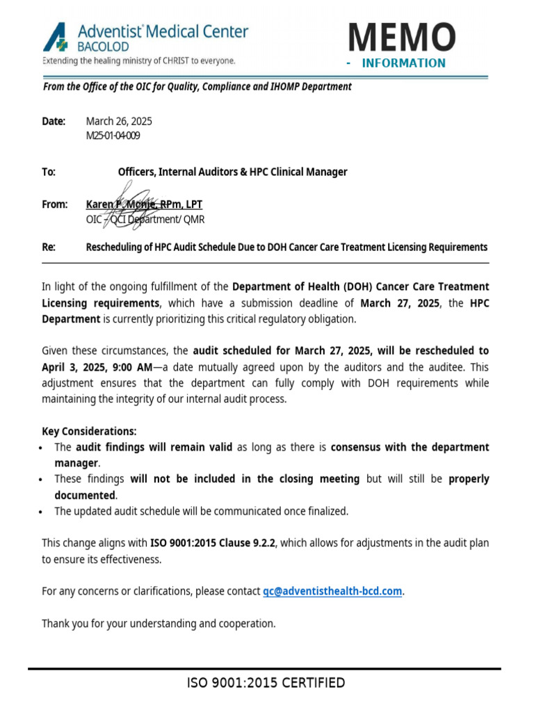 M25!01!04-009 - Rescheduling of HPC Audit Schedule Due To DOH Cancer ...