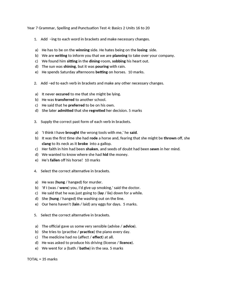 Year 7 Grammar Test 4 PDF