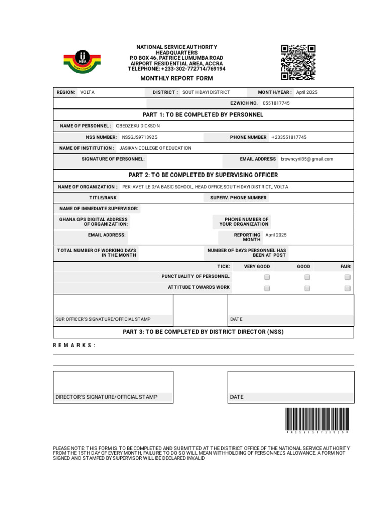 NSS Monthly Evaluation Form | PDF