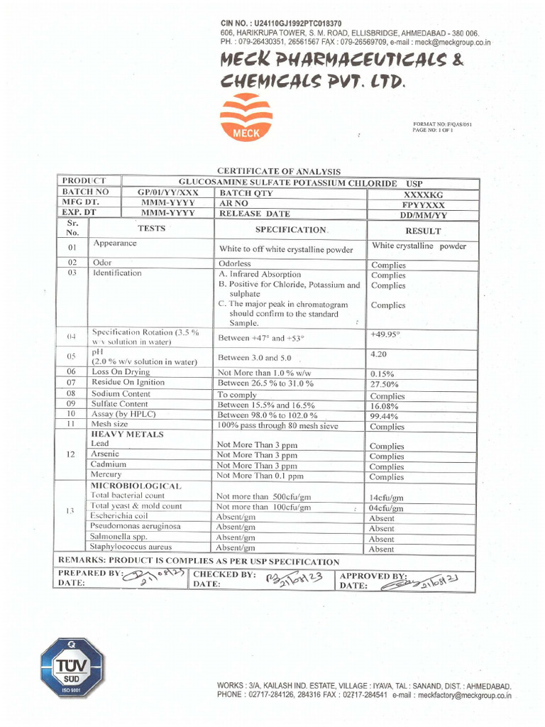Glucosamine Sulphate Potassium Chloride Usp | PDF