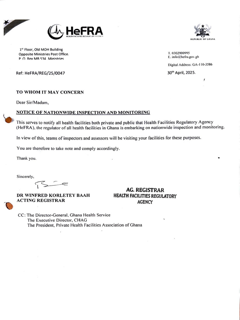 Nationwide Health Facility Inspection Notice | PDF
