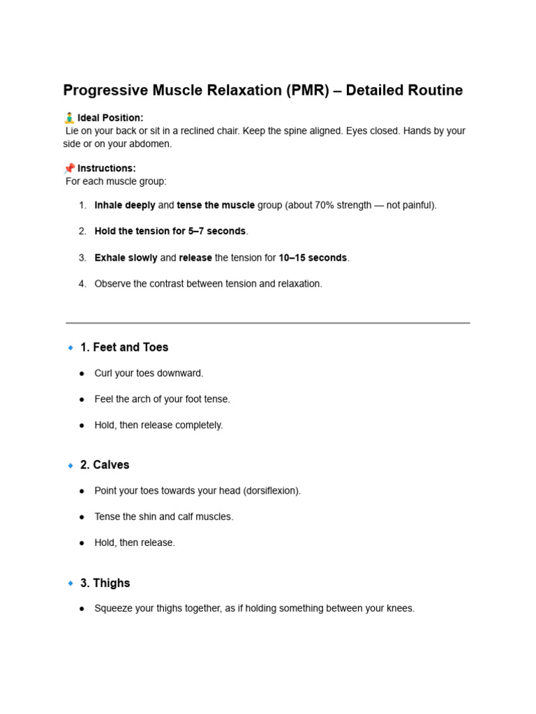 Progressive Muscle Relaxation (PMR) - Detailed Routine | PDF ...
