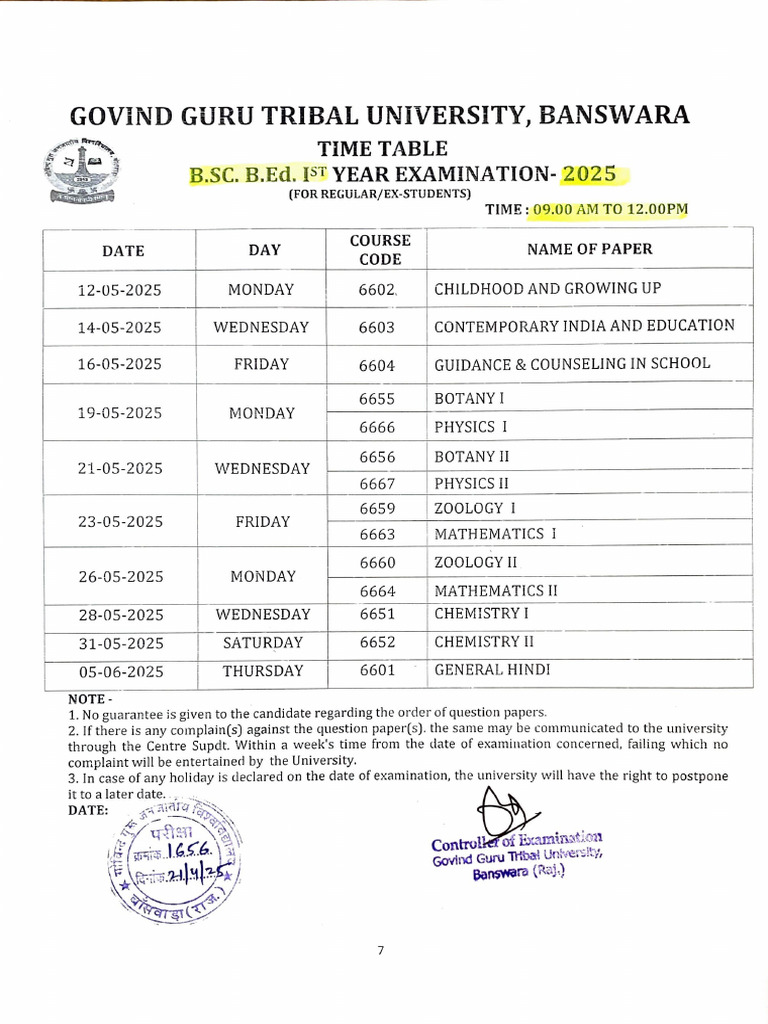 B.Sc. B.Ed. 1st Year Exam Dates 2025 | PDF