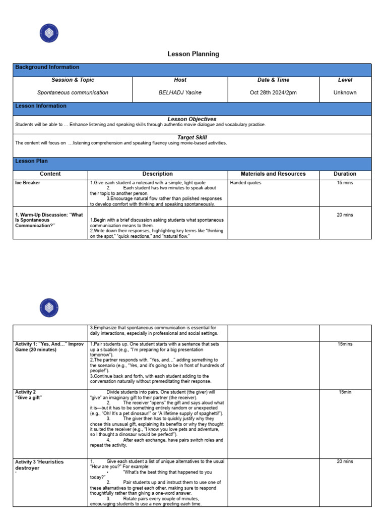 Lesson Planning Oct 27 2024 1 | PDF | Communication | Gift