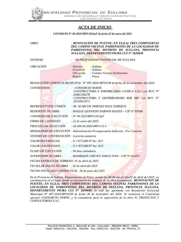 Acta de Inicio Puente en El (La) Tres Compuertas Del Camino Vecinal ...