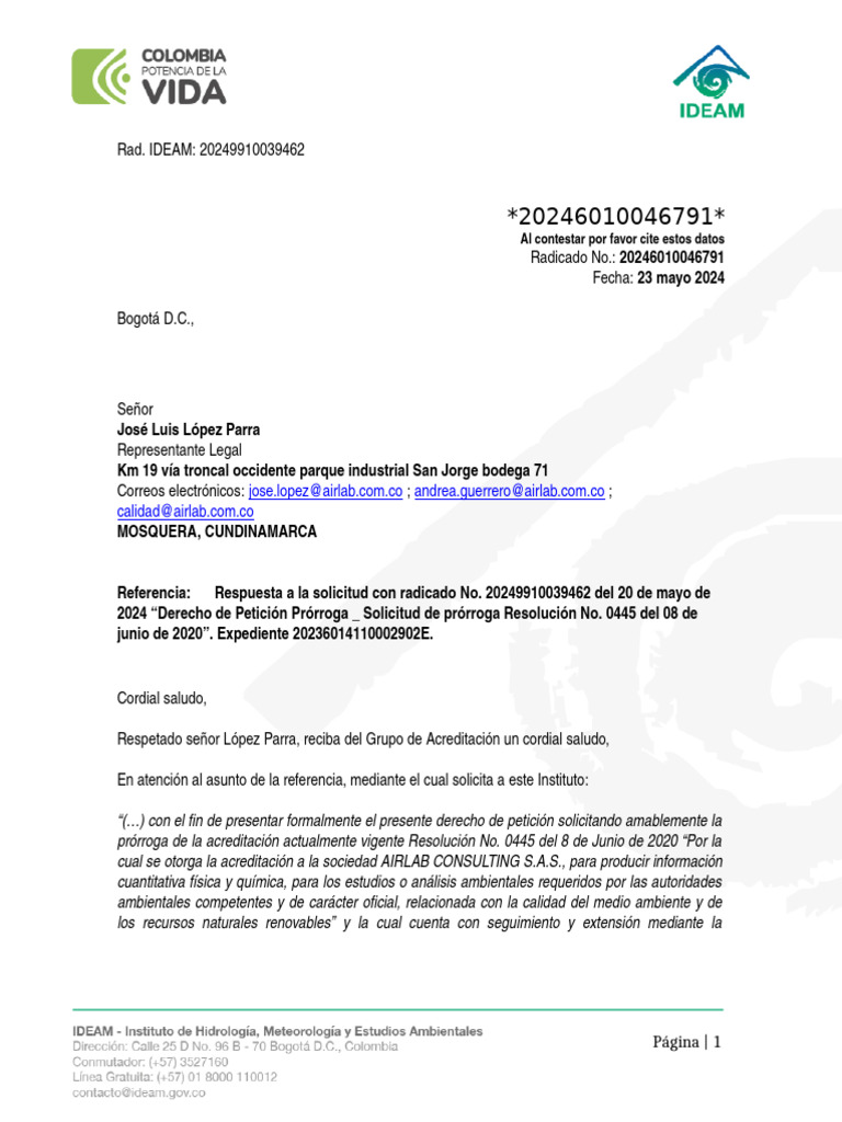 Prórroga de Acreditación IDEAM 2024 | PDF