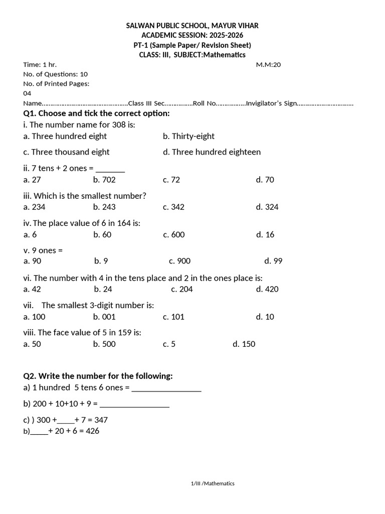 Class 3 Maths PT-1 Sample Paper | PDF