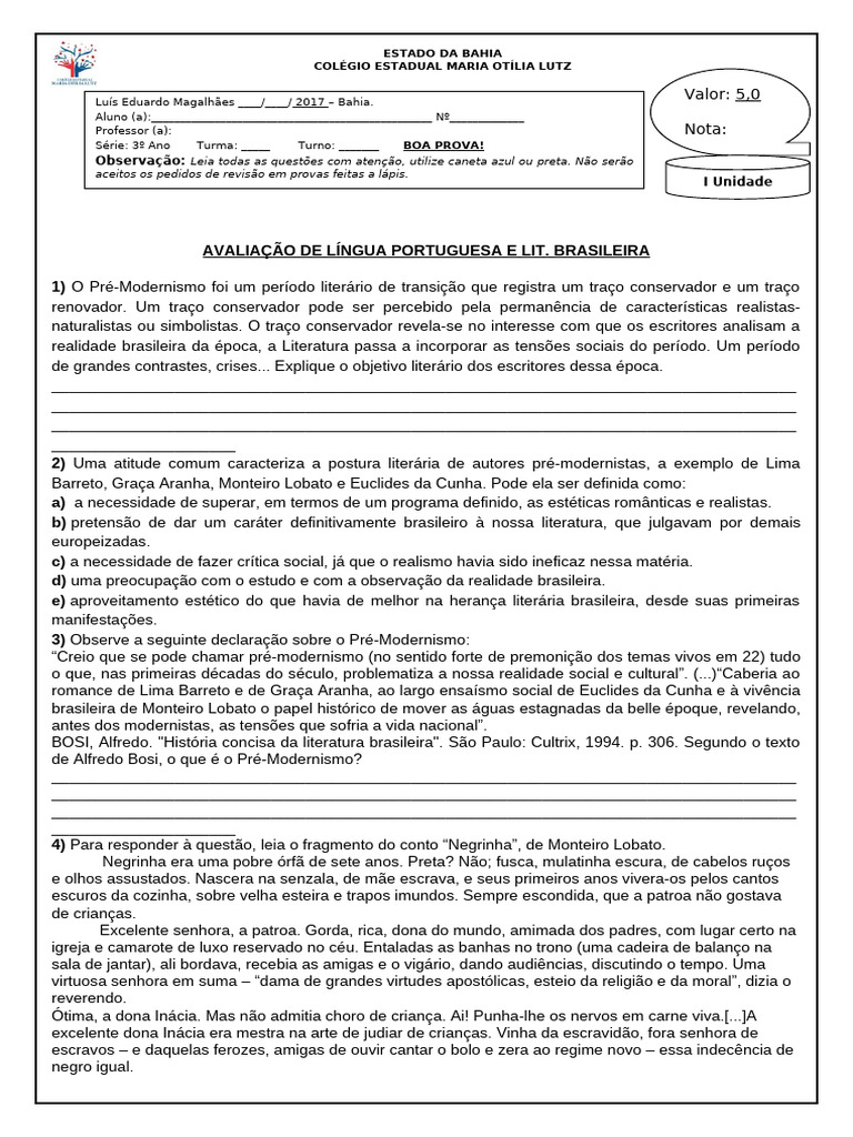 Avaliação de Língua Portuguesa e Lit 2017 3 Ano | PDF | Realismo (artes ...