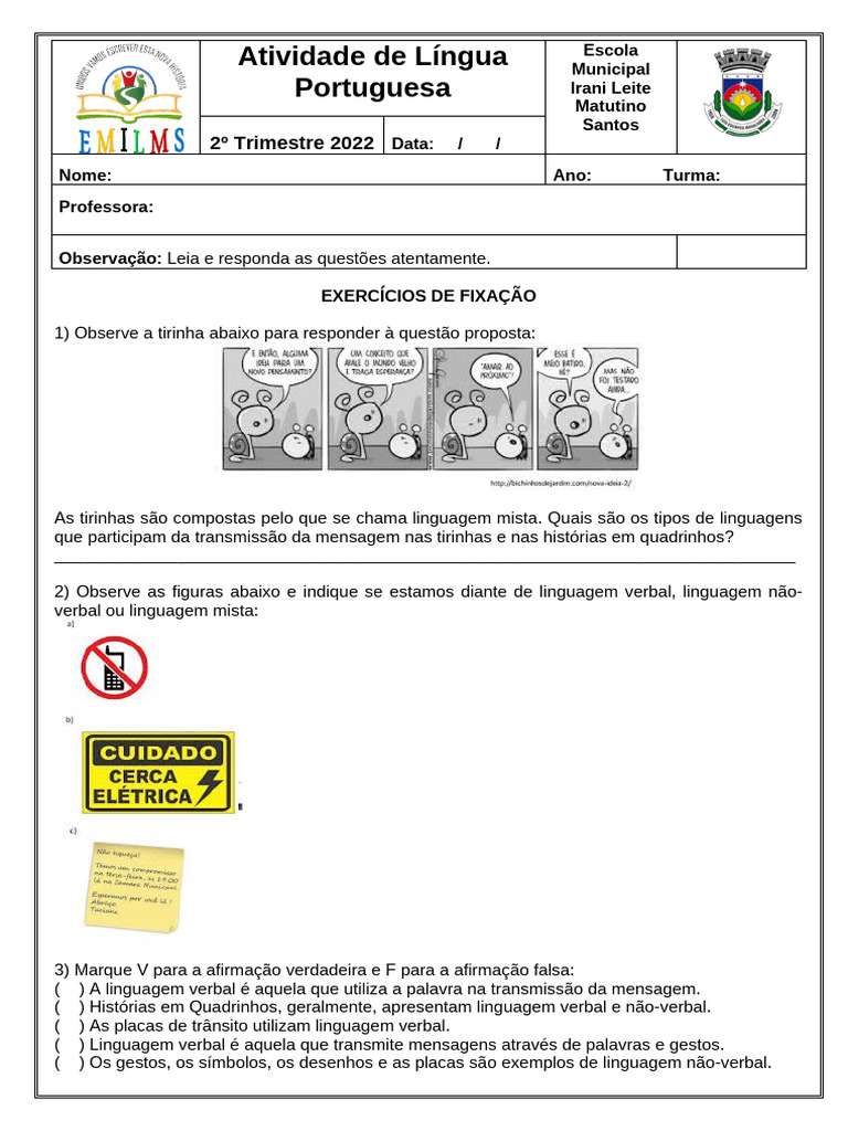 Atividades de Língua Portuguesa para 2º Ano | PDF
