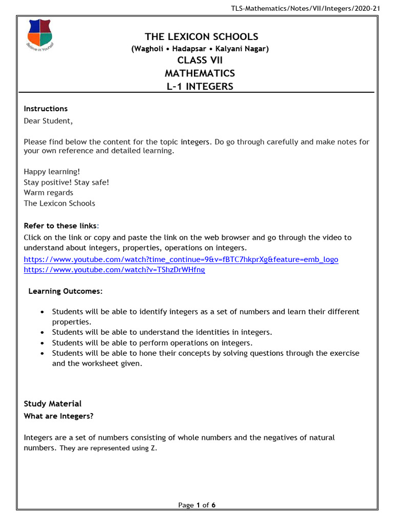 CL VII - Mathematics - CH 1 Notes - 2020 Integers | PDF ...