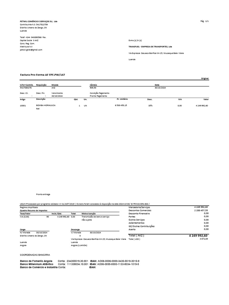 Fatura Pro-Forma PETWIL e TRANSFUEL | PDF | Imposto sobre Valor ...