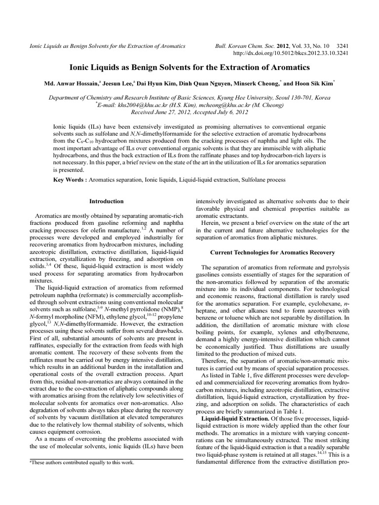 Ionic Liquids for Aromatic Extraction | PDF | Distillation | Ion