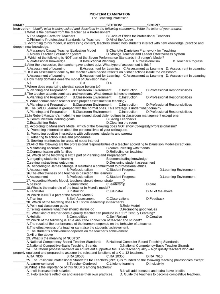 Mid Term Exam Teaching Profession Quiz PDF Teachers Learning