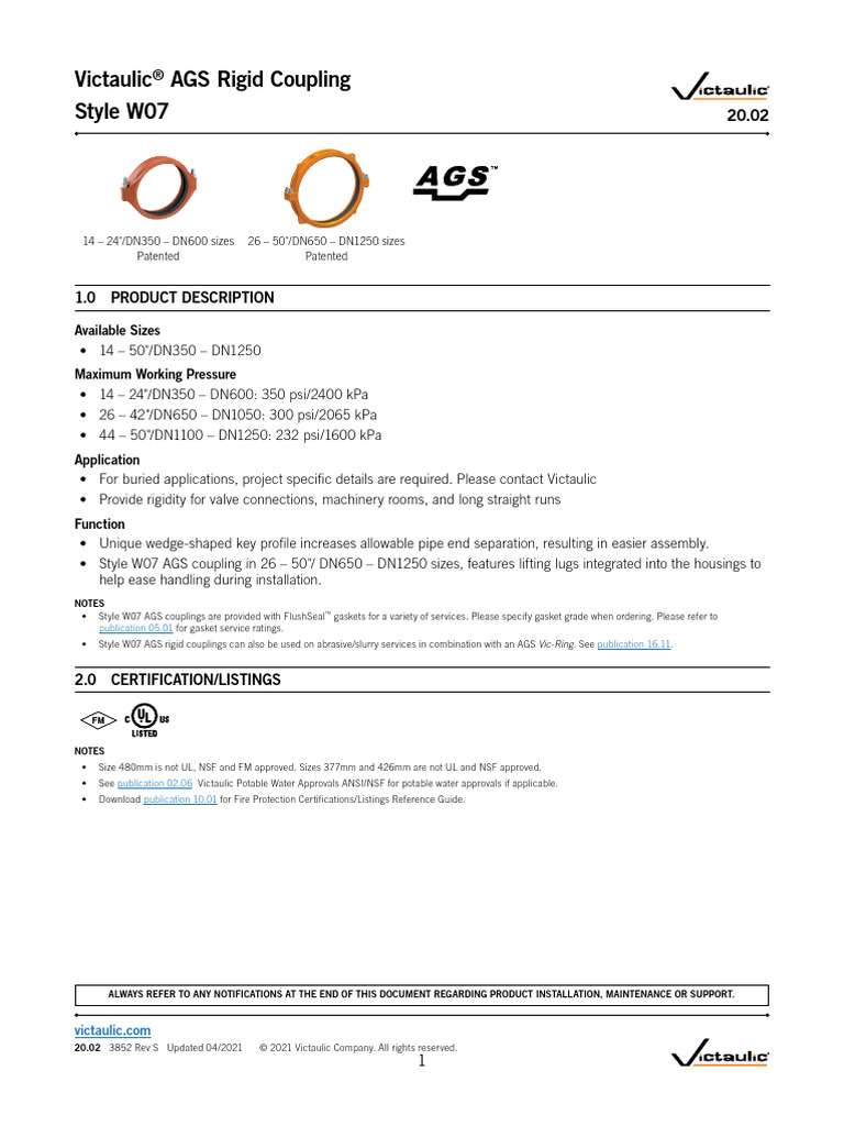 Victaulic W07 AGS Coupling Overview | PDF | Pipe (Fluid Conveyance) | Screw