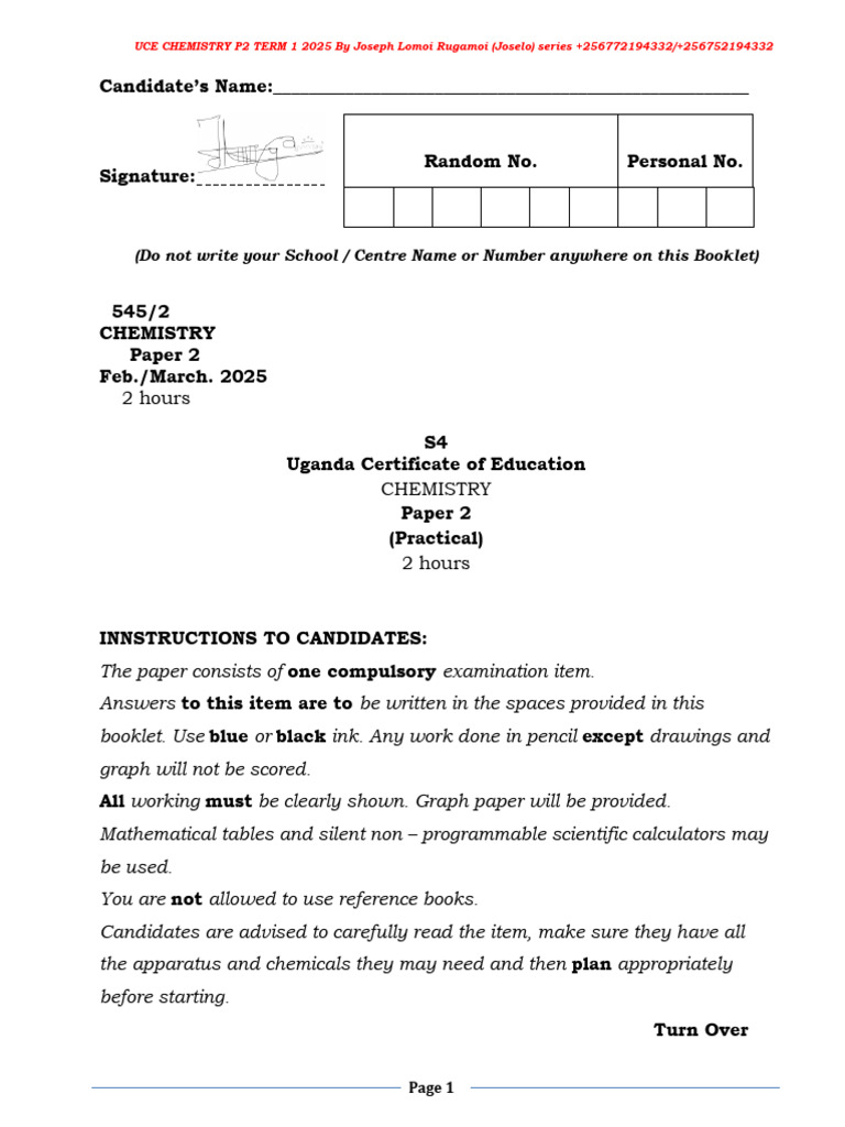 UCE Chemistry P2 Practical 2025 | PDF | Physical Sciences | Chemistry