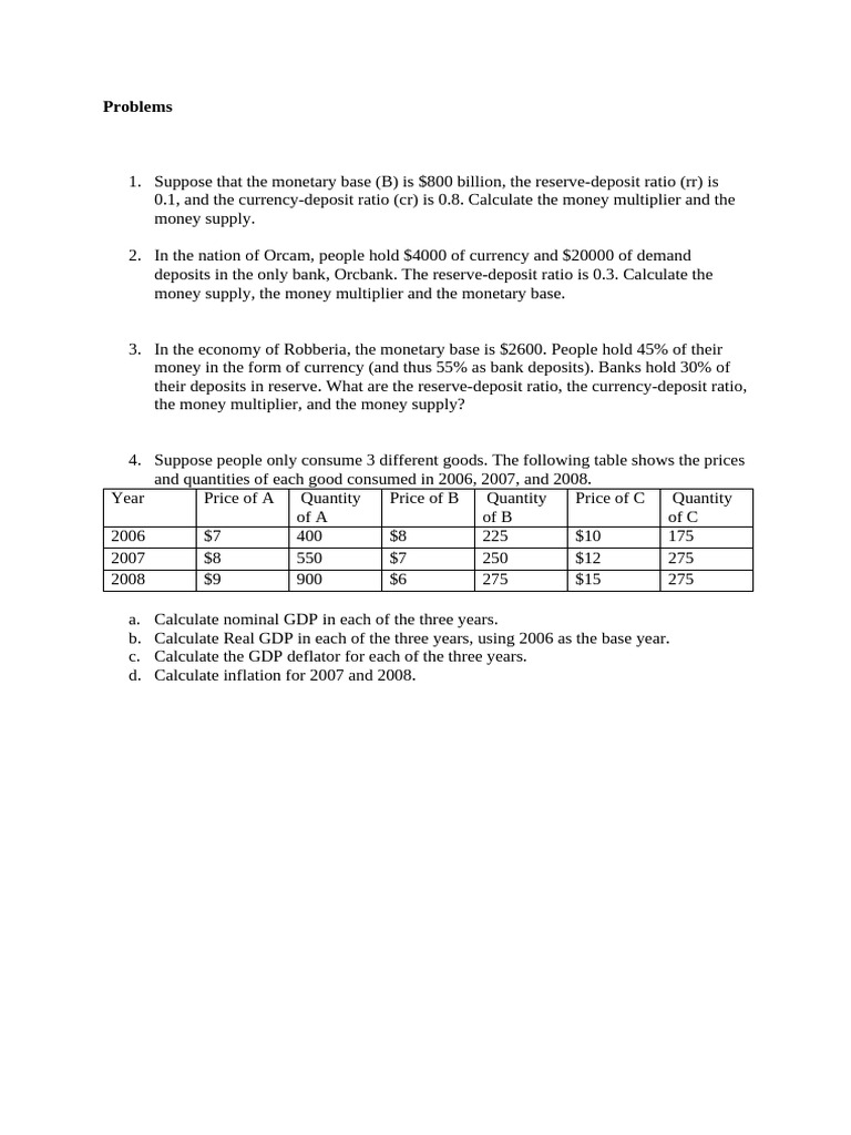 Monetary Economics Problem Set | PDF | Money Supply | Money
