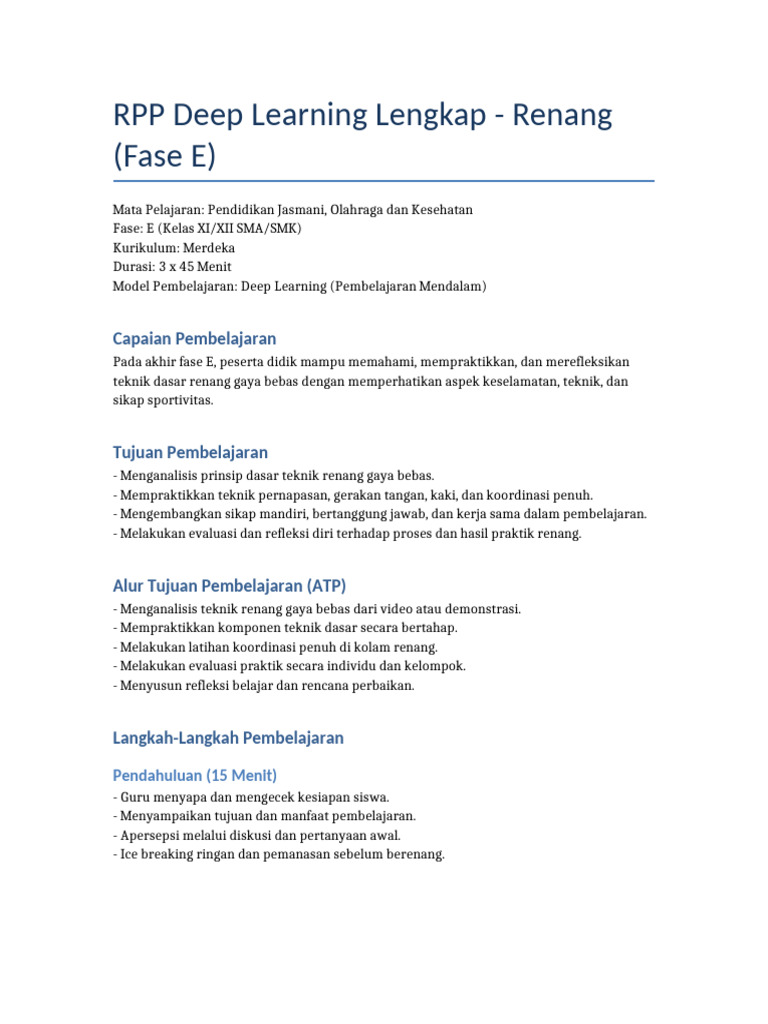 RPP Deep Learning Renang Kelas XI | PDF