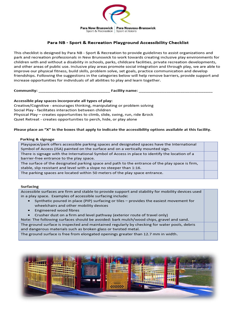 Para NB Sport Recreation Playground Accessibility Checklist | PDF ...