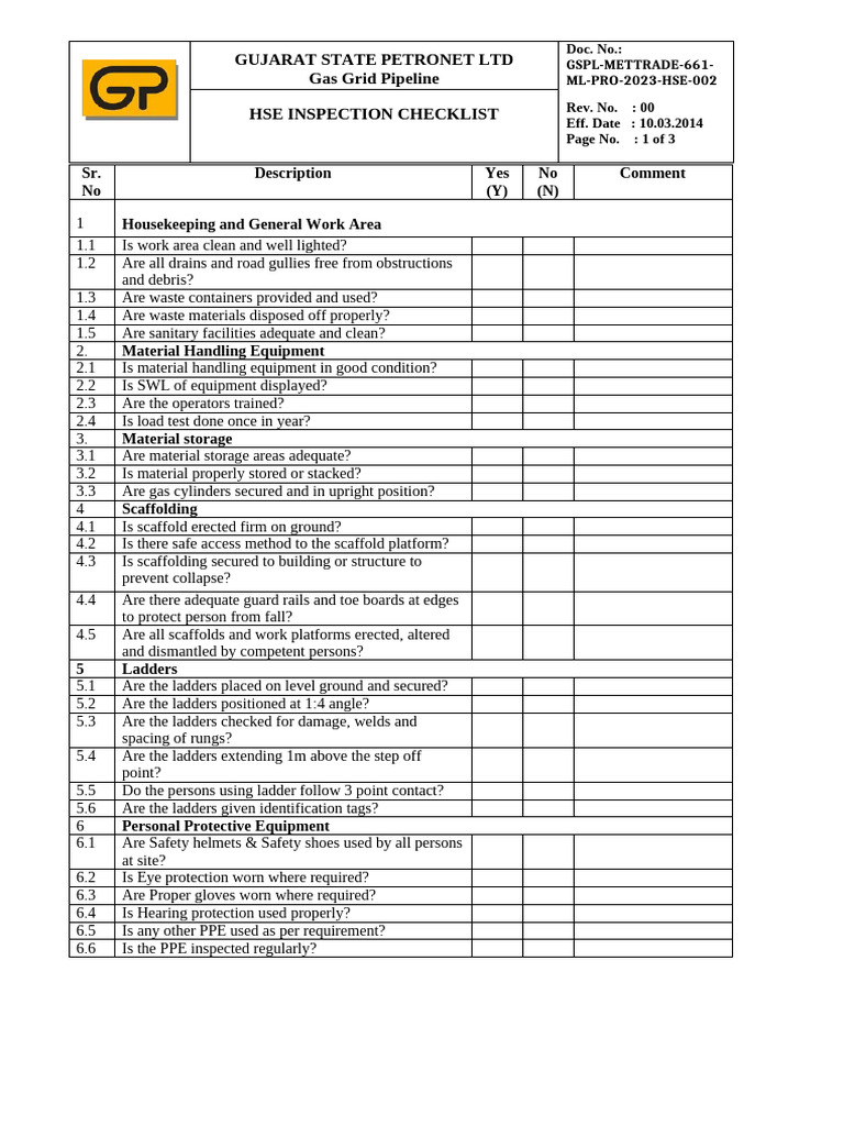 Attachment No 13 - HSE INSPECTION CHECKLIST For Proj | PDF | Personal ...