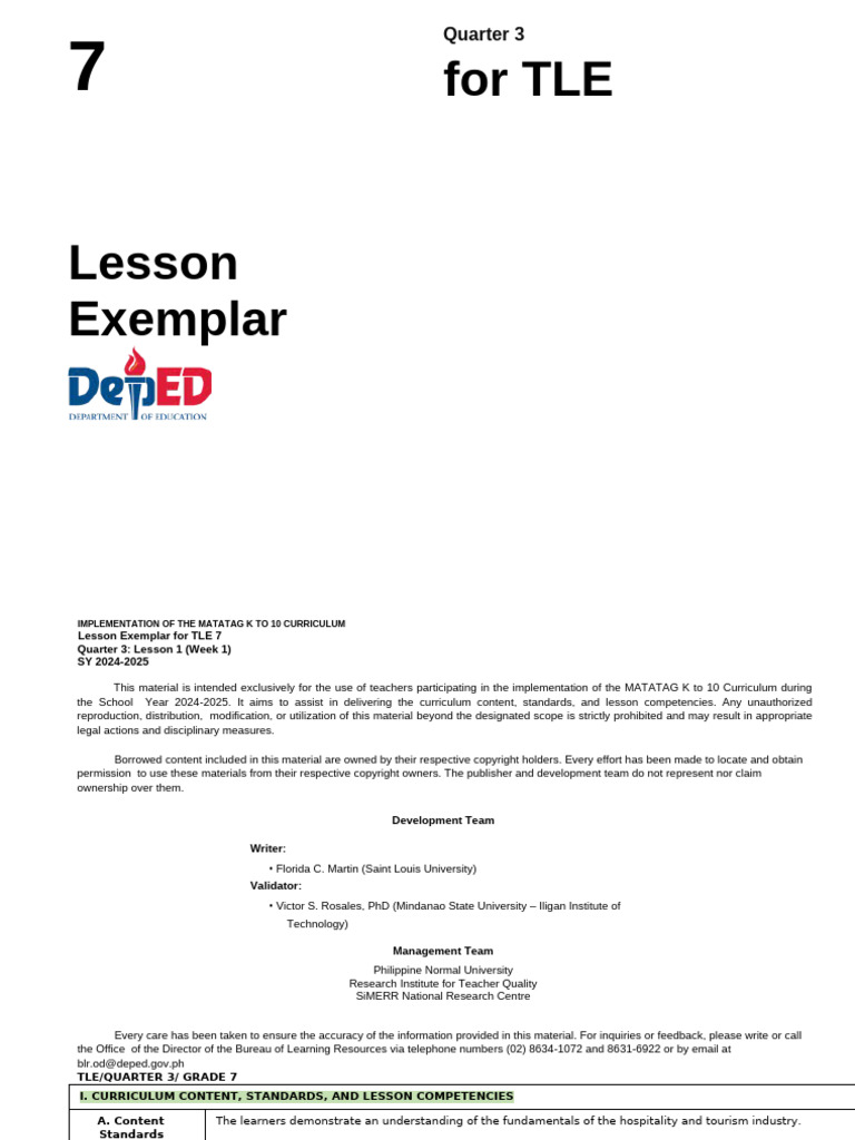 Grade 7 TLE Lesson Exemplar: Q3 | PDF | Tourism | Teachers