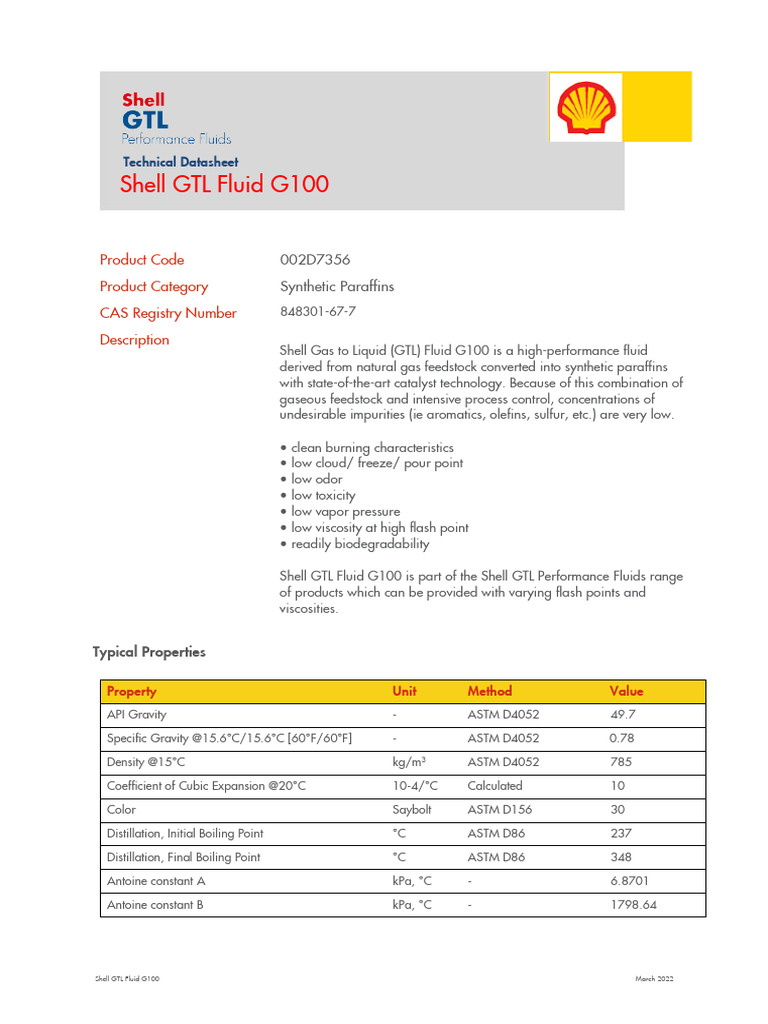 Shell GTL Fluid G100 Datasheet | PDF | Gas To Liquids | Pressure
