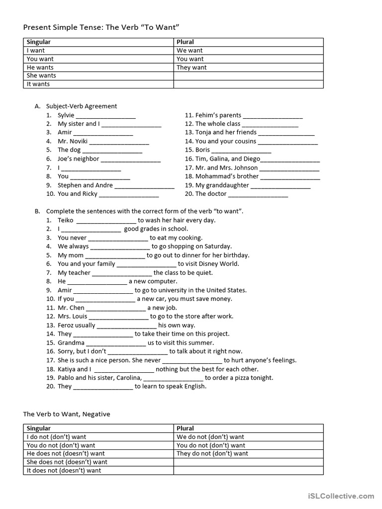 Present Simple Tense - Verb to Want | PDF | Verb | Linguistic Morphology