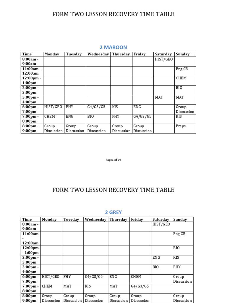 Form Two Lesson Recovery Timetable | PDF | Color