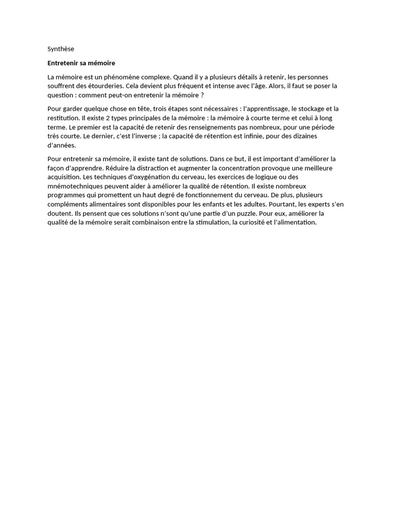 Entretenir sa mémoire efficacement | PDF