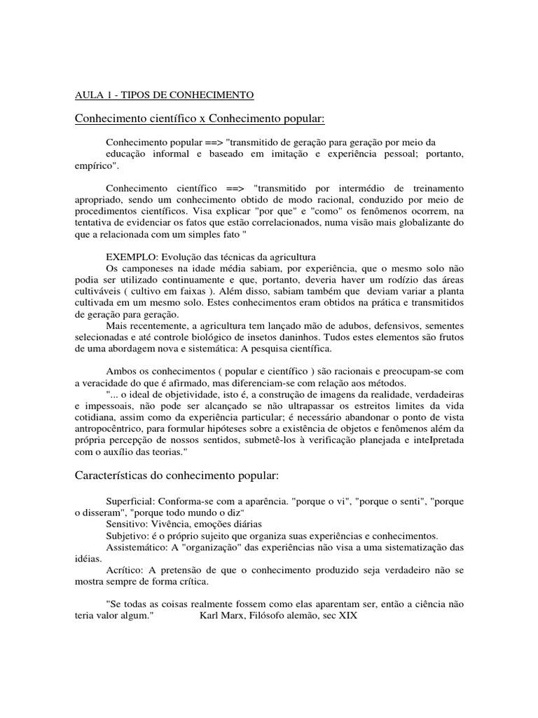 Diferenças entre Conhecimento Científico e Popular | PDF | Conhecimento ...