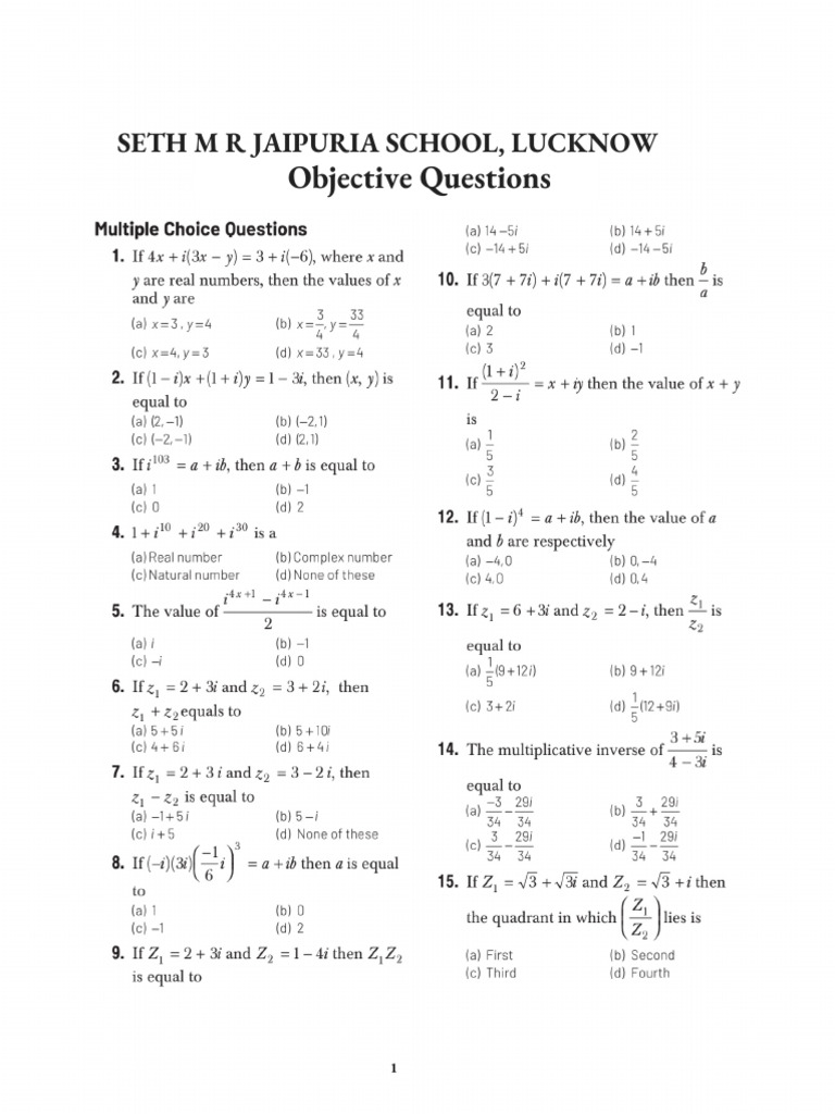 Class 11 Mathematics Chapter Complex Numbers | PDF