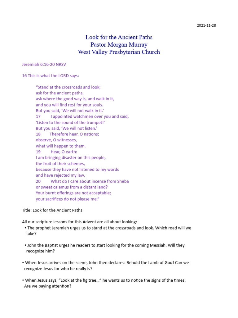 2021-11-28 Look For The Ancient Paths | PDF | Nostalgia | Jesus