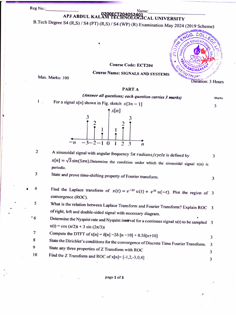 ECT204 SIGNALS AND SYSTEMS MAY 2024 (1) | PDF | Digital Signal ...