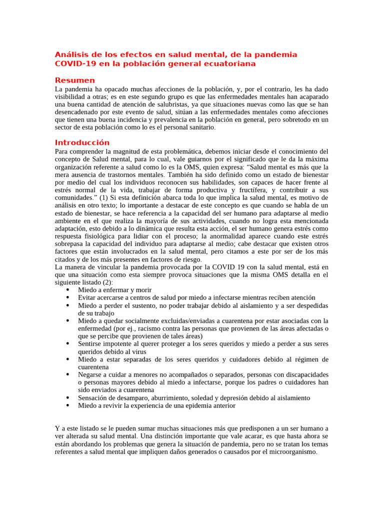 Efectos de COVID-19 en la salud mental en Ecuador | PDF | Estrés ...