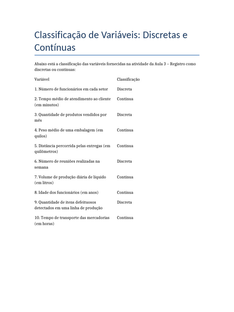 Classificacao Variaveis Discretas Continuas | PDF