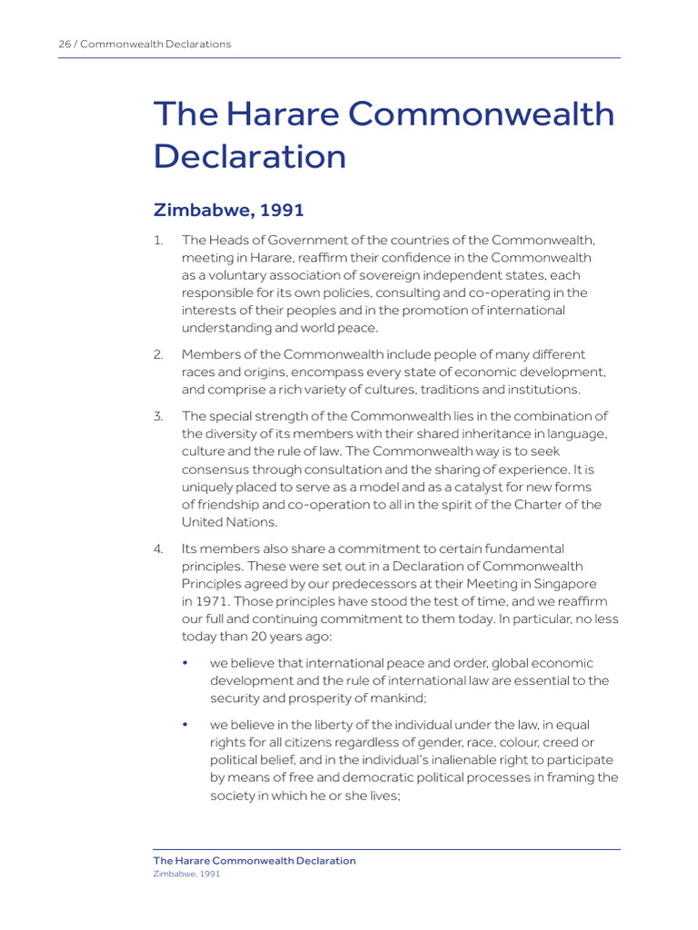 Harare Commonwealth Declaration 1991 | PDF | Commonwealth Of Nations ...