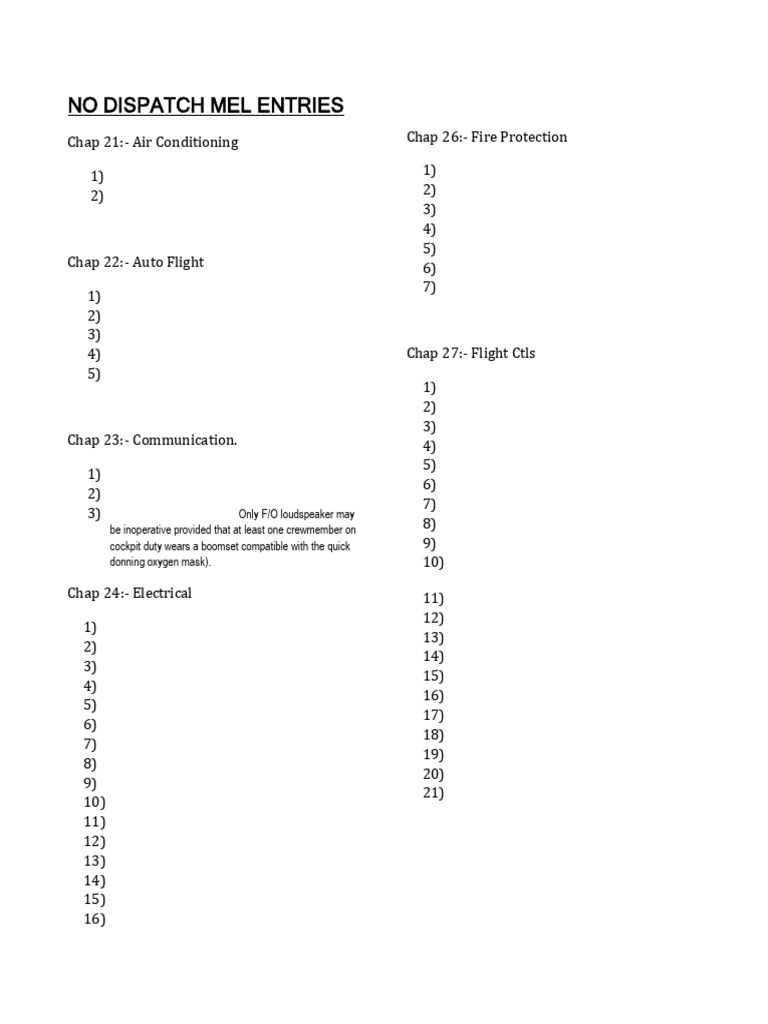 No Dispatch MEL Entries Summary | PDF | Aerospace | Aircraft