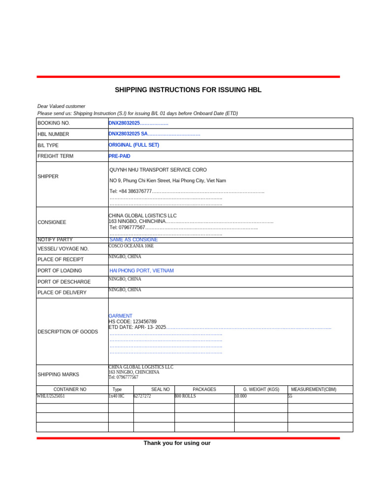 Shipping Instructions for HBL Issuance | PDF