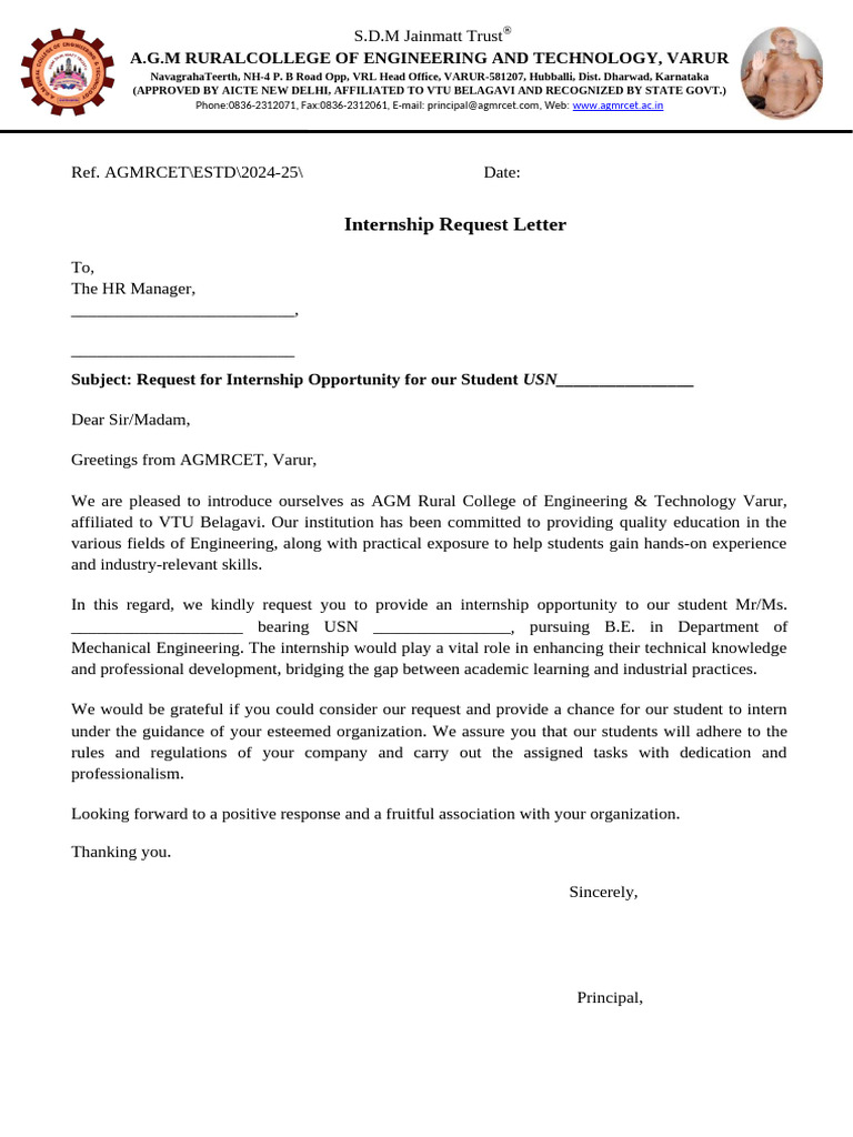 Internship Request from AGMRCET Varur | PDF