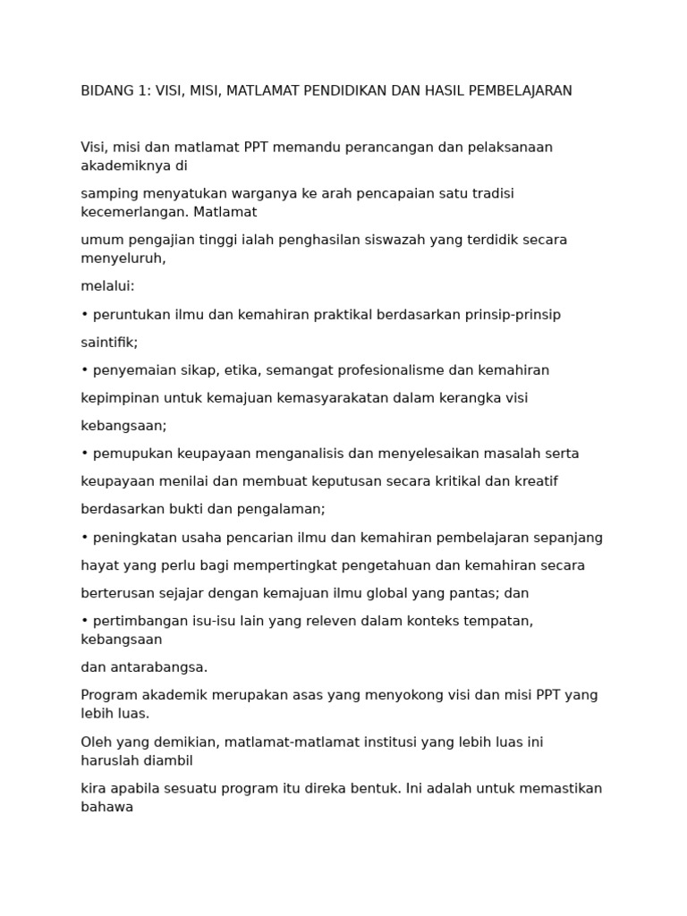 Visi, Misi, Matlamat Pendidikan Dan Hasil Pembelajaran | PDF