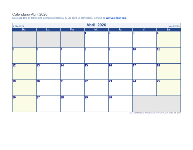 Calendario Abril 2026 de WinCalendar | PDF