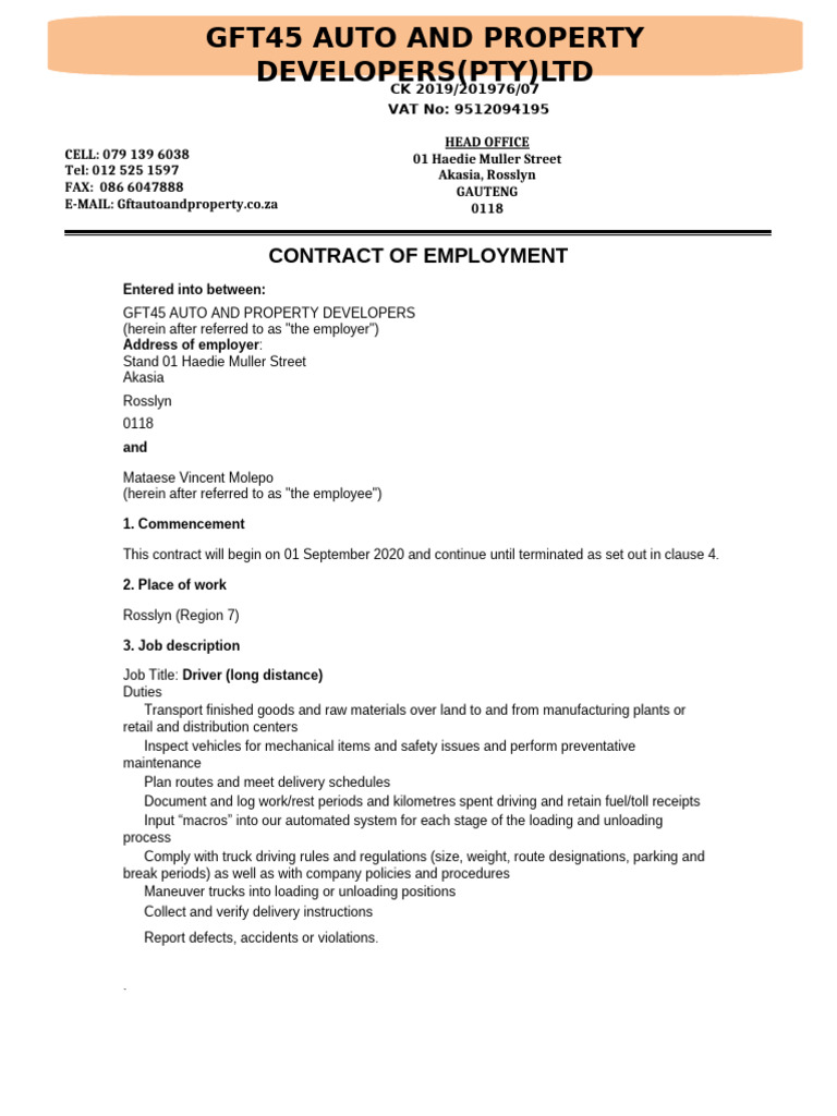 Employment Contract for Long-Distance Driver | PDF | Sick Leave | Overtime