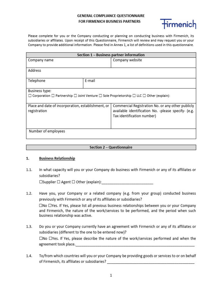 Firmenich General Compliance Questionnaire | PDF | Office Of Foreign ...