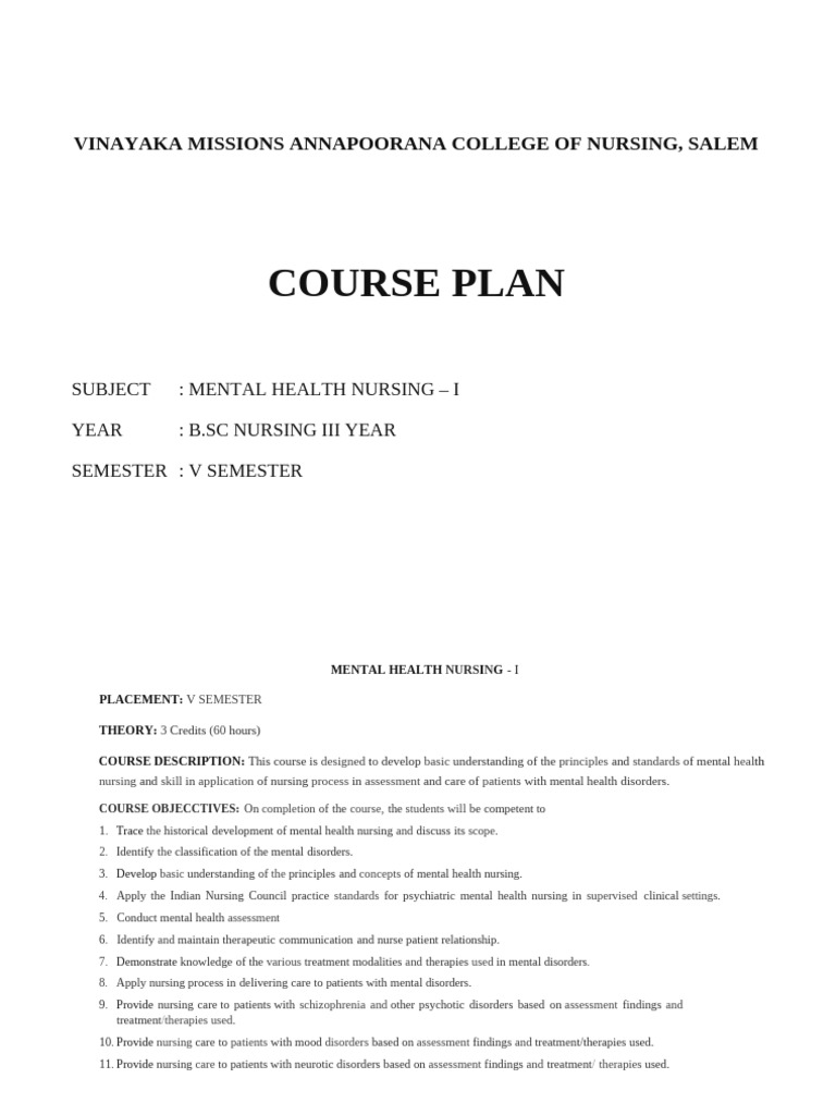 5th Semester Mental Health Nursing Syllabus | PDF | Mental Disorder ...