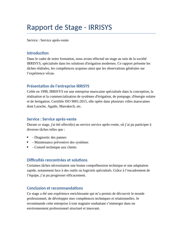 Rapport de Stage au Service IRRISYS | PDF
